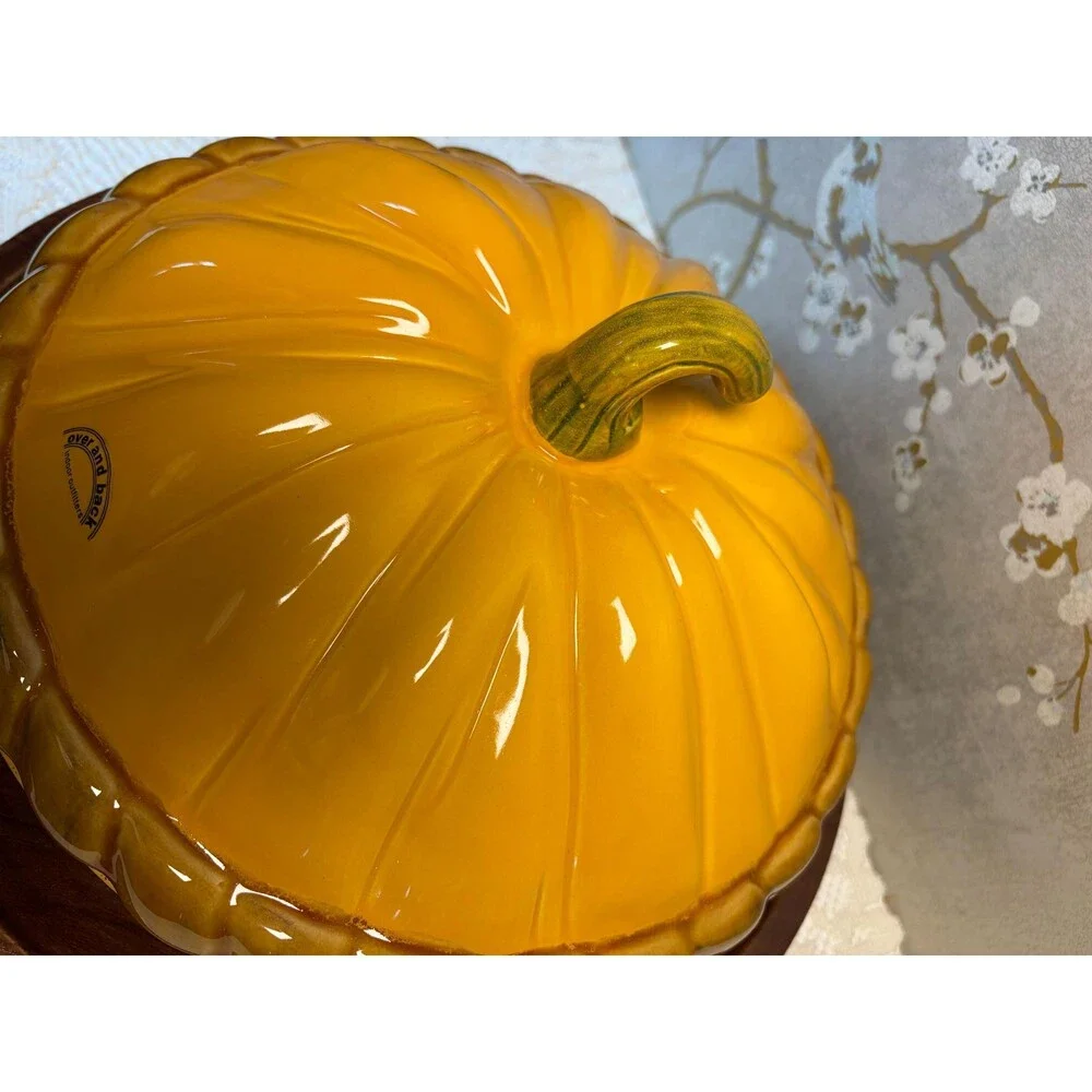 VTG Over and Back Ceramic Pumpkin Pie Dish Covered Casserole Baker Harvest Fall